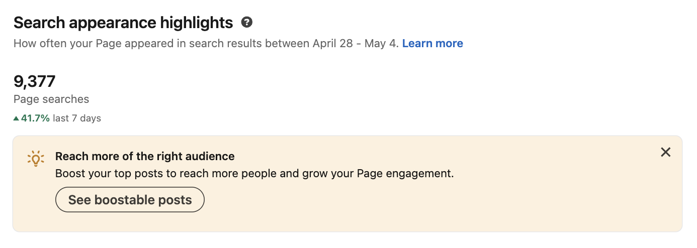 LinkedIn page search appearance highlights showing 9,377 page searches and 41.7 percent growth.